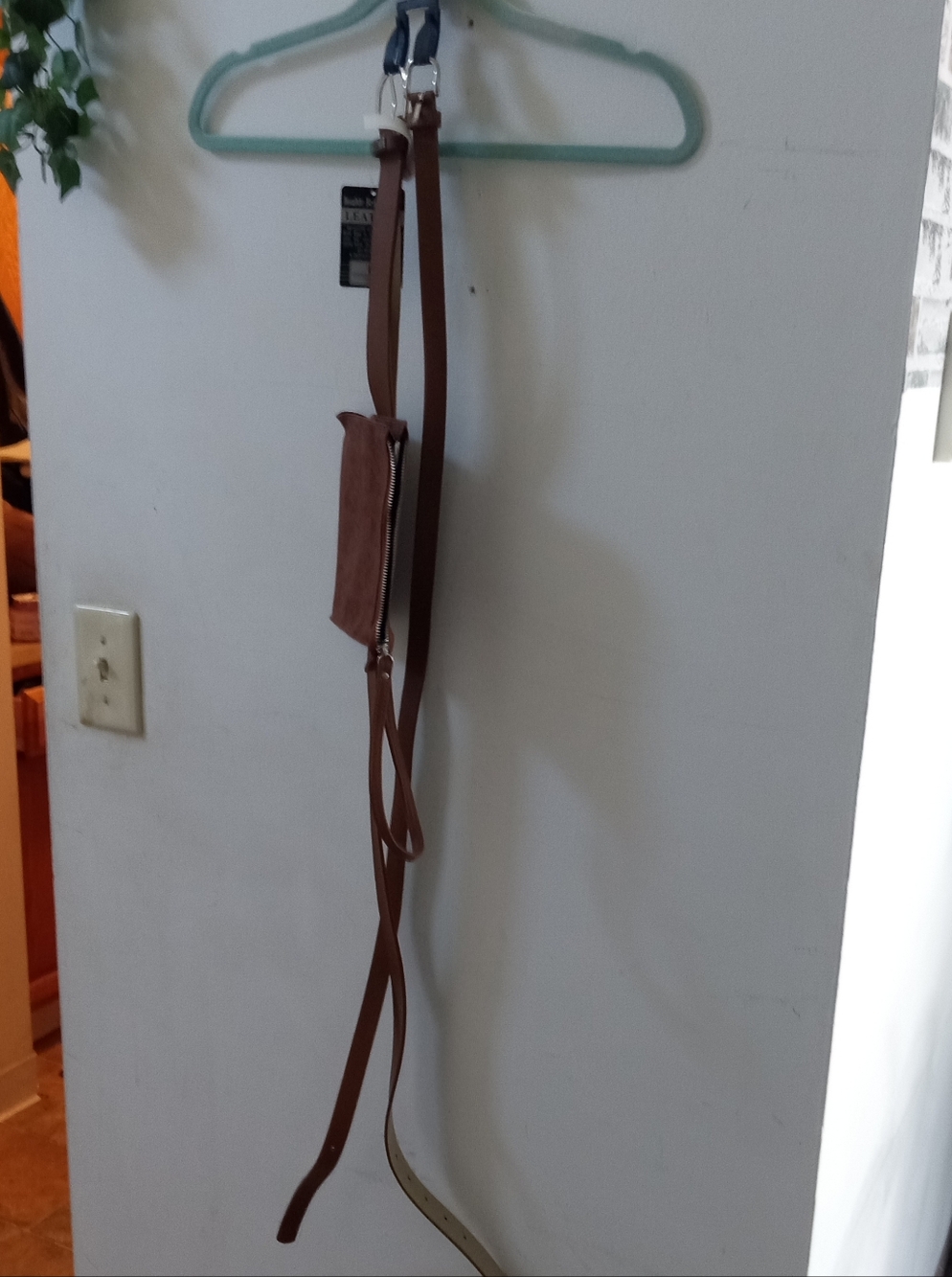 Brown Leather Belt Strap with Zip Pouch NWT